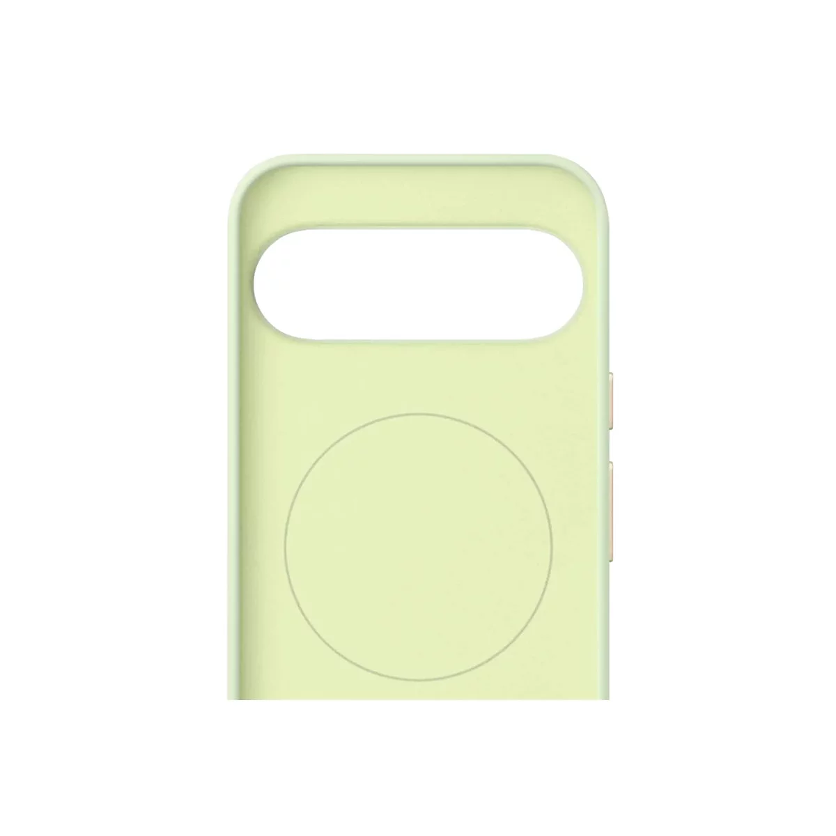 Hellgrüne Handyhülle mit Kameraausschnitt und rundem Bereich. Detailaufnahme auf weißem Hintergrund.