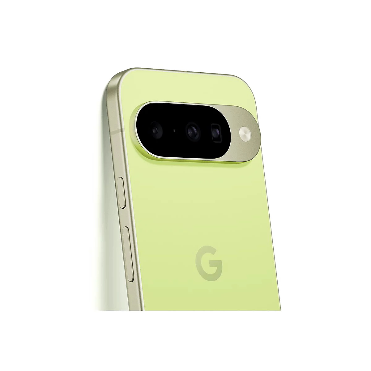 Nahaufnahme eines hellgrünen Smartphones mit goldenem Kameramodul. Auf der Rückseite ist ein „G“ abgebildet.