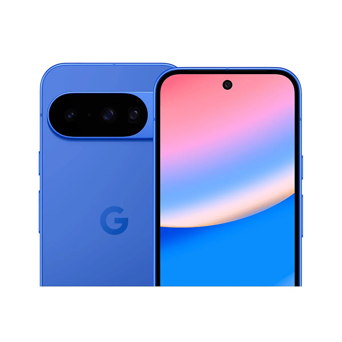 Blaues Smartphone, Ansicht von Vorder- und Rückseite. Auf dem Display pastellfarbene Abstufungen. Auf der Rückseite Google Logo und Kameras.