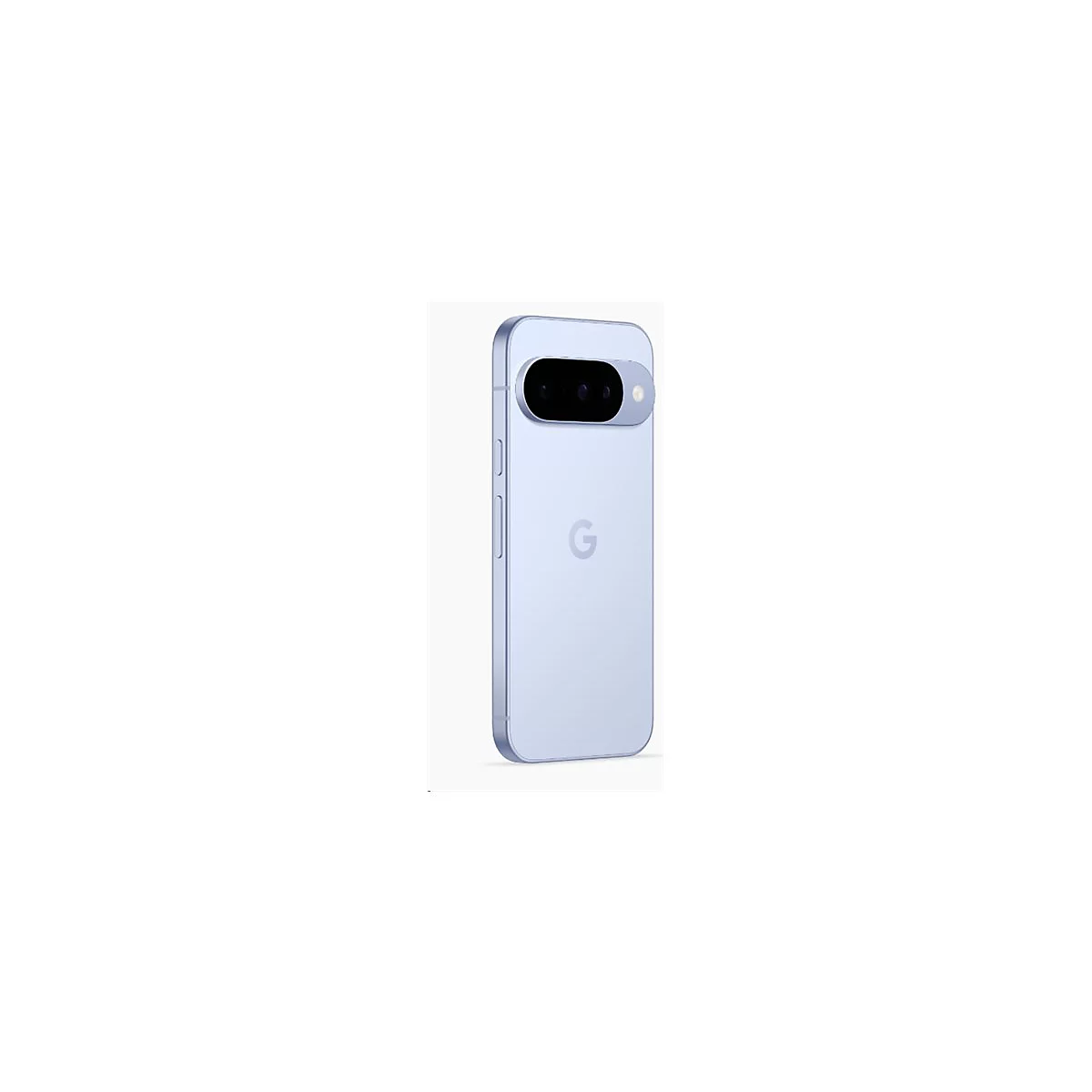 Helle, fliederfarbene Rückseite eines Smartphones mit ovalem Kameraelement und Google-Logo.