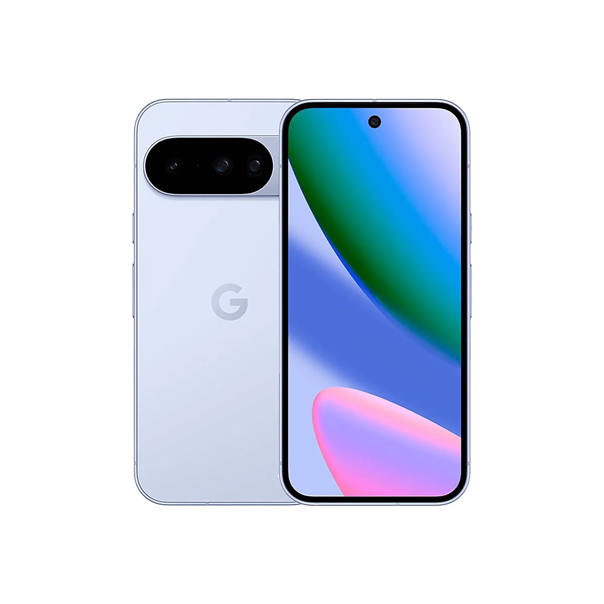 Helles, fliederfarbenes Google Pixel Smartphone von vorne und hinten vor weißem Hintergrund.