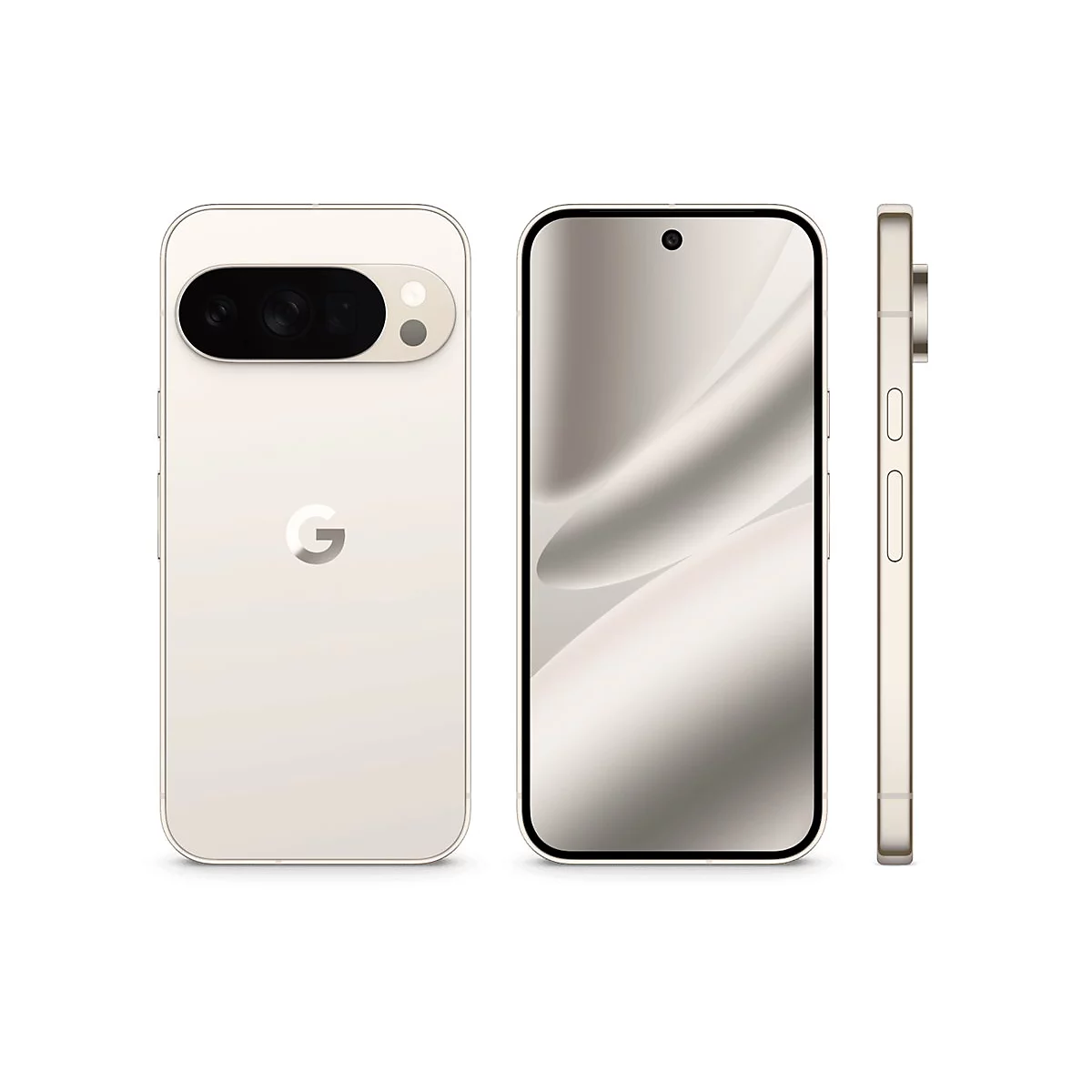 Beige Smartphone mit drei Ansichten: Rückseite mit Kamera, Front und Seite. Google-Logo, abgerundete Ecken.