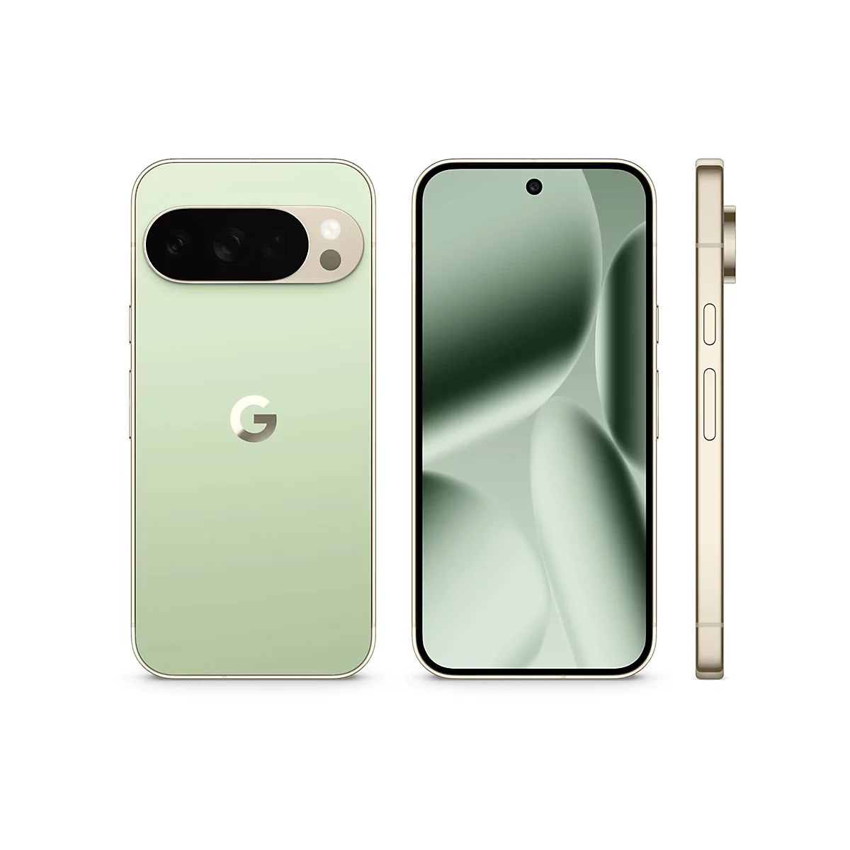 Hellgrünes Smartphone mit goldfarbenem Rahmen. Drei Ansichten: Vorder-, Seiten- und Rückseite.