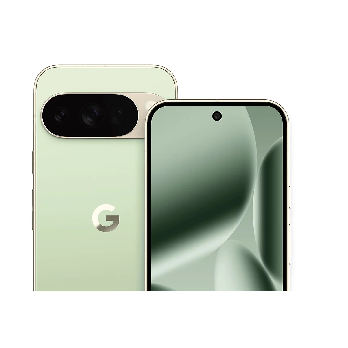 Hellgrünes Smartphone mit Kameraleiste. Auf dem Bildschirm ist ein grüner Verlauf zu sehen. Das Google-Logo ist auf der Rückseite zu erkennen.