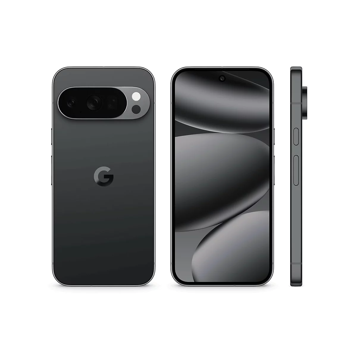 Drei Ansichten eines schwarzen Smartphones mit Kamera und Google-Logo. Links die Rückseite, Mitte die Vorderseite, rechts die Seite.