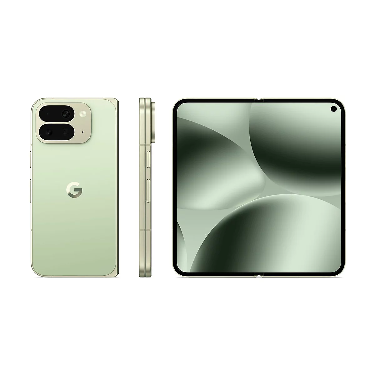 Ein hellgrünes Google-Smartphone in verschiedenen Ansichten. Gezeigt werden Rückseite, Seitenansicht und aufgeklappter Bildschirm.