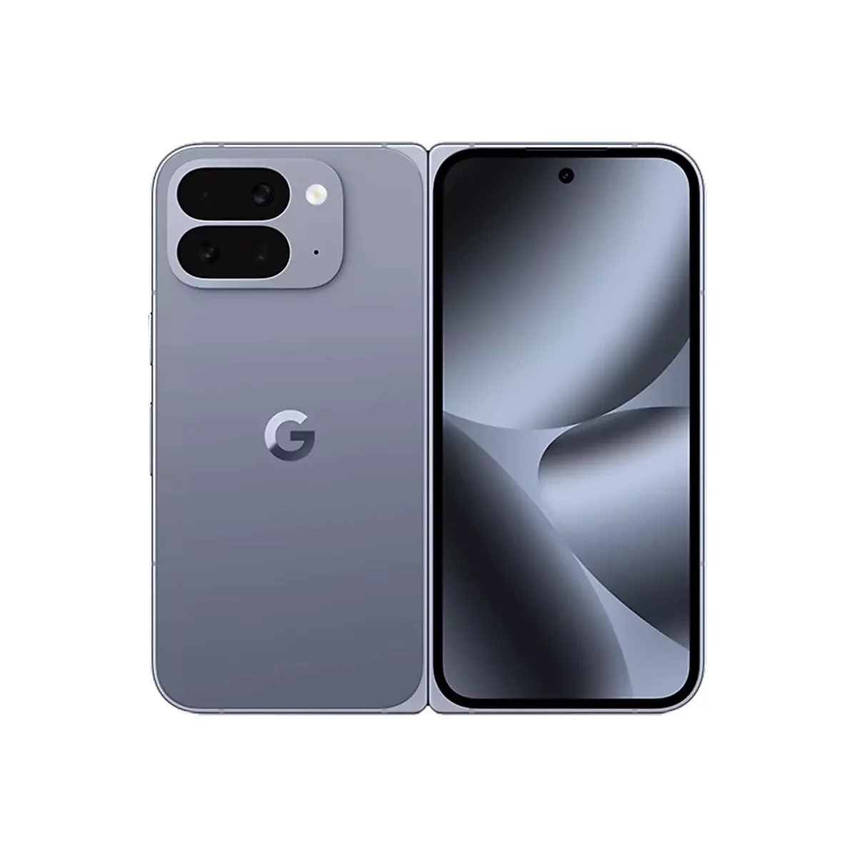 Graues faltbares Smartphone mit zwei Kameramodulen auf der Rückseite und dem Google-Logo.