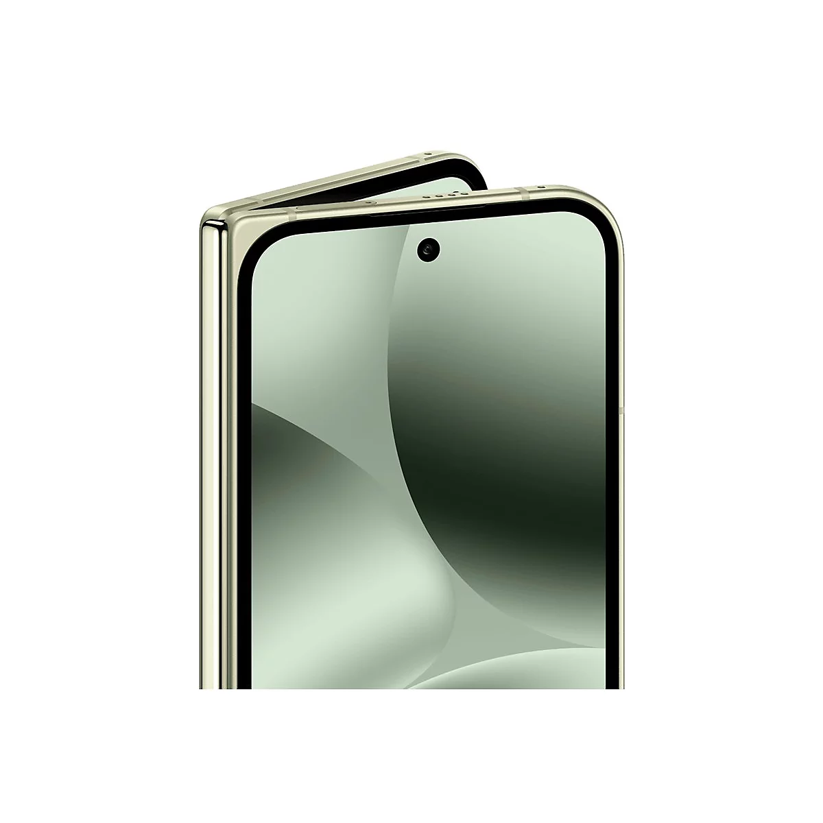 Hellgrünes, halb aufgeklapptes Smartphone vor weißem Hintergrund. Die Kamera ist mittig im Display platziert.