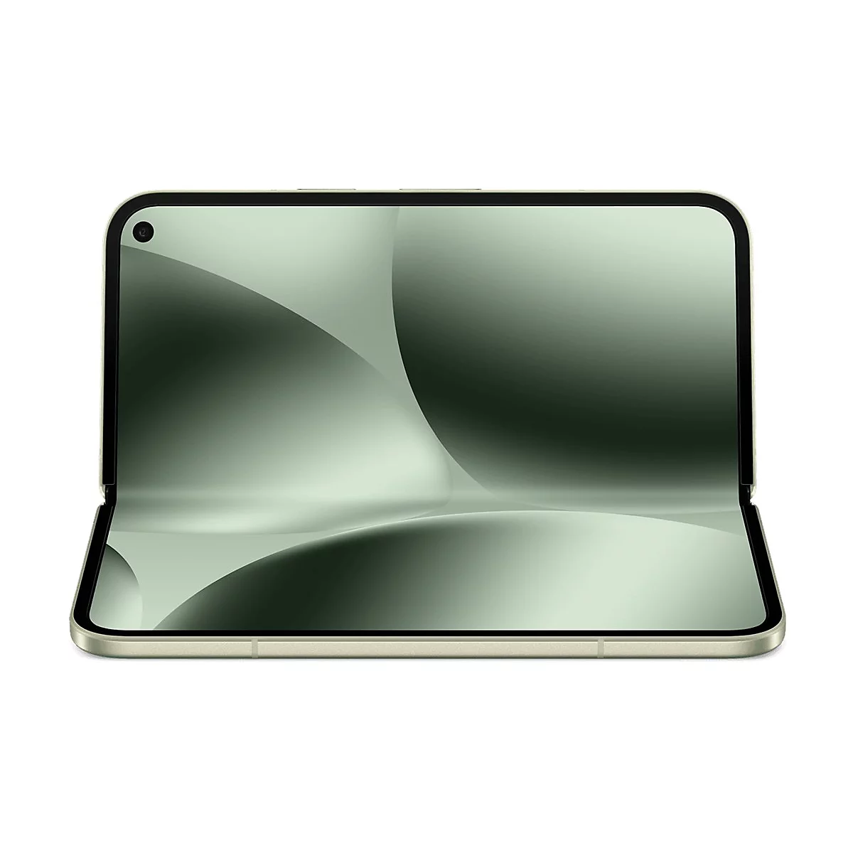 Ein geöffnetes, zusammenklappbares Smartphone mit grünem Bildschirm, weißem Hintergrund.