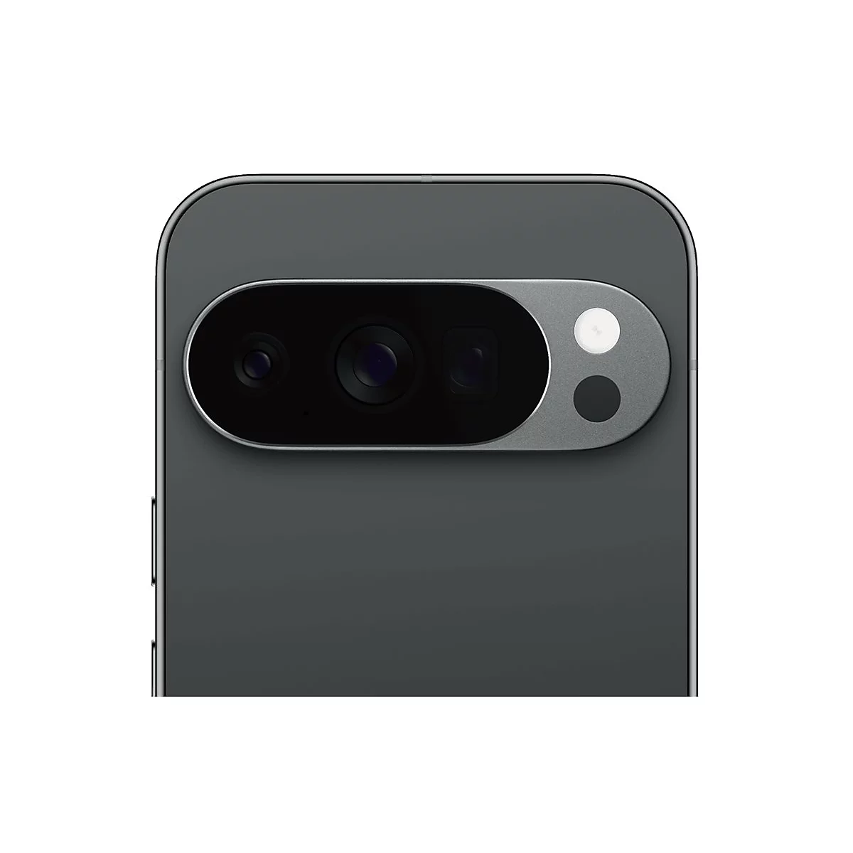 Nahaufnahme der Rückseite eines schwarzen Smartphones mit einer silberfarbenen Kameraleiste, die drei Linsen und eine Blitzeinheit enthält.