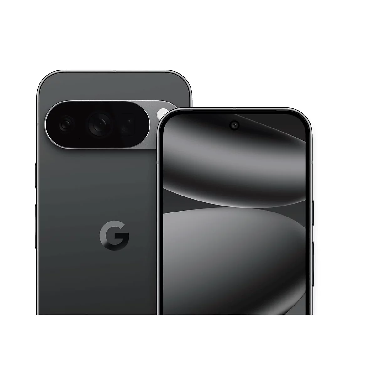 Zwei graue Smartphones, Vorder- und Rückseite, freigestellt. Rückseite mit Kameraleiste, Google-Logo. Vorderseite mit Bildschirm.
