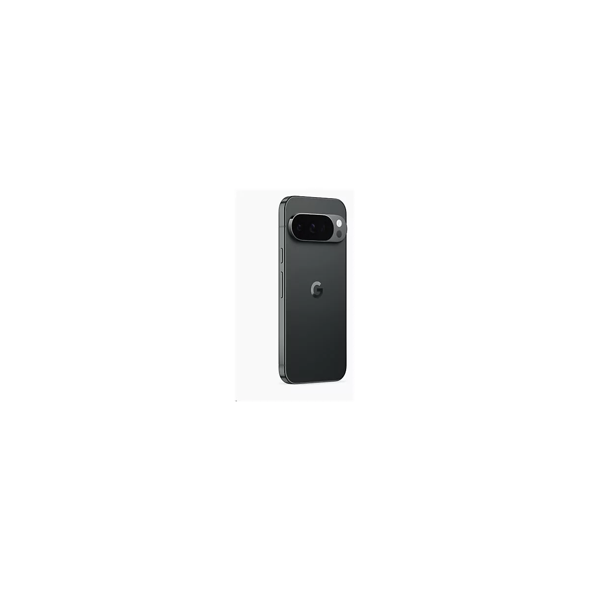 Dunkelgraues Smartphone mit Kamera-Modul, Google-Logo, weiße Fläche.