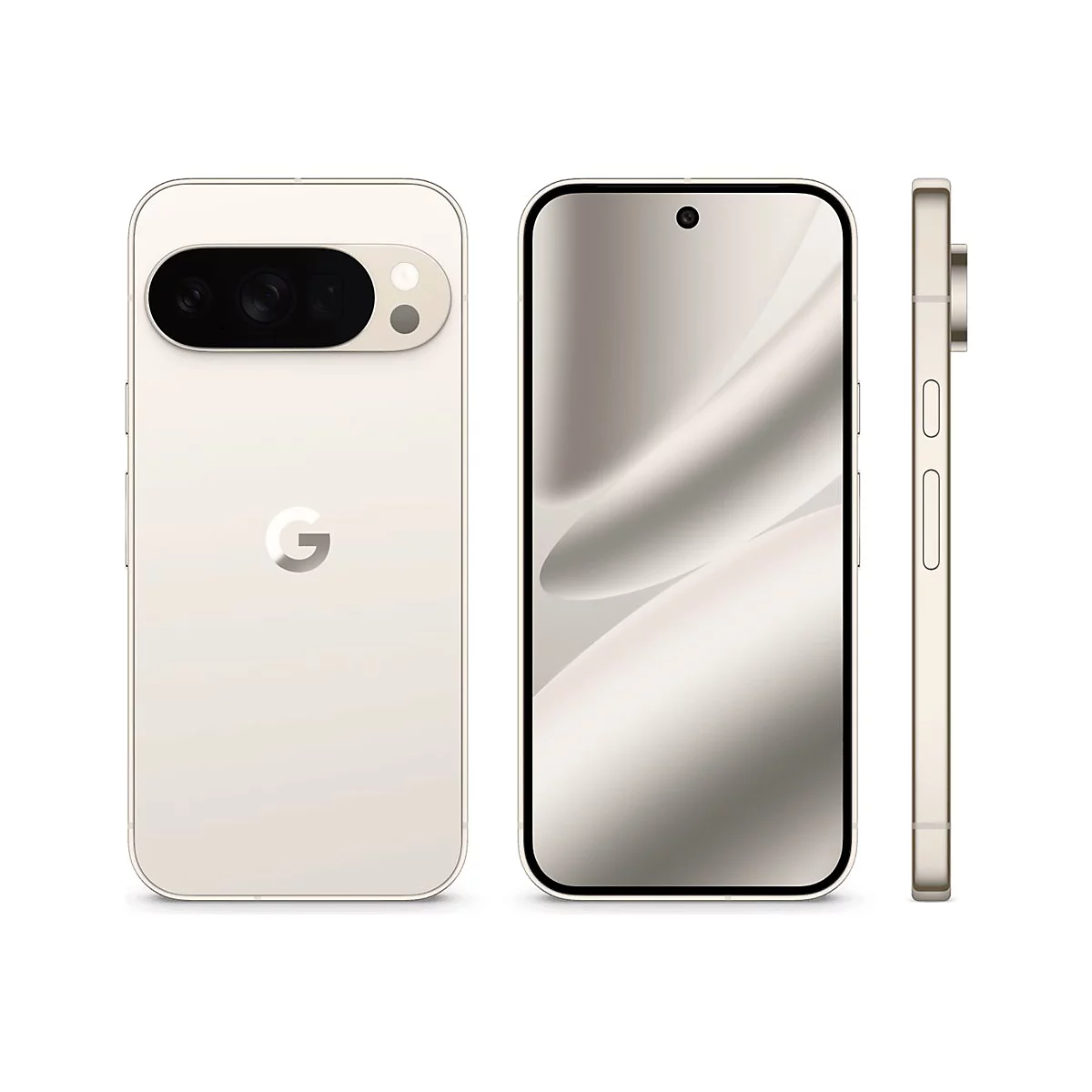 Beiges Smartphone mit Dreifachkamera und Google Logo, Ansichten von vorne, hinten und Seite, weißer Hintergrund.