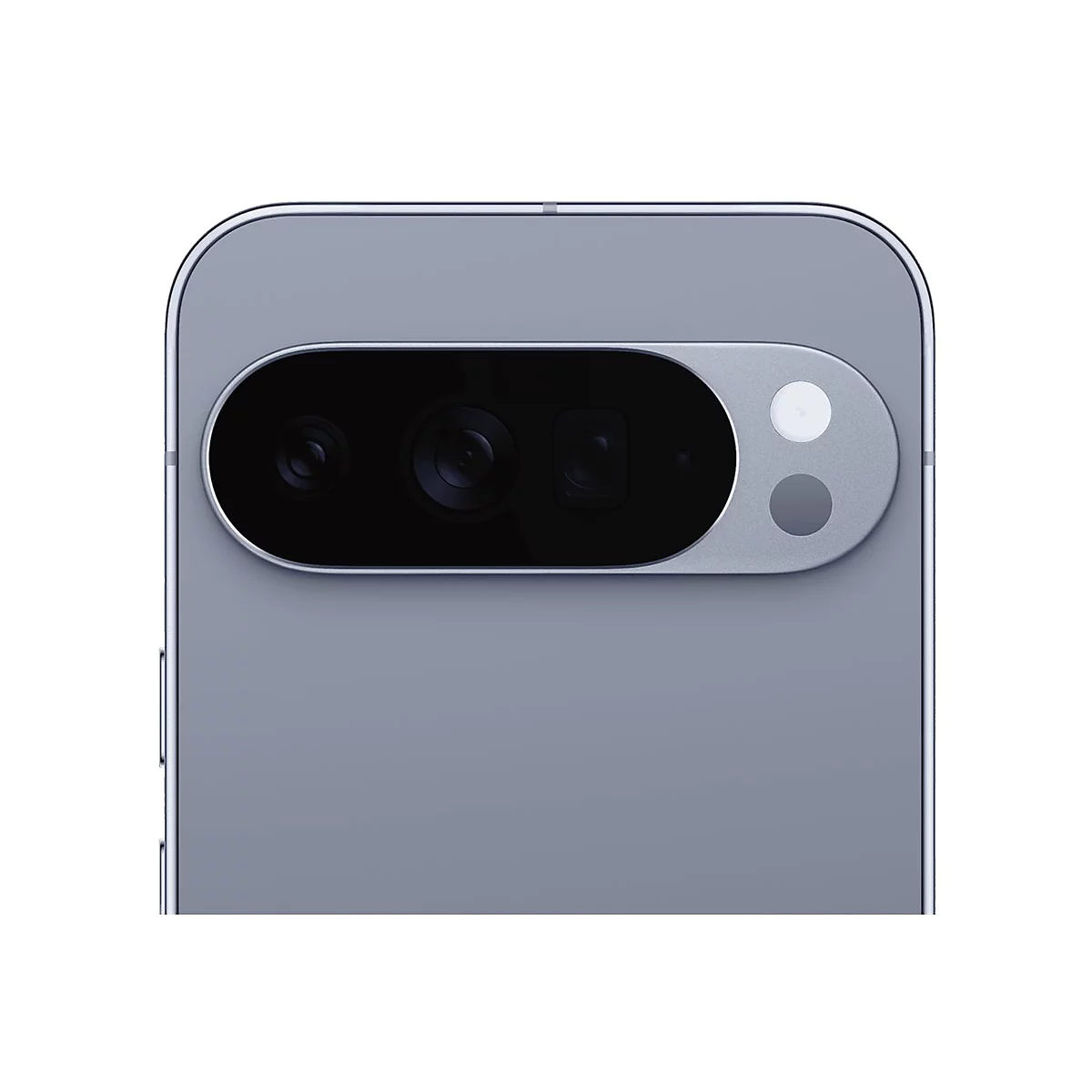 Nahaufnahme der Rückseite eines grauen Smartphones. Ein horizontaler, schwarzer Kamerabalken mit drei Linsen und zwei Kreisen.