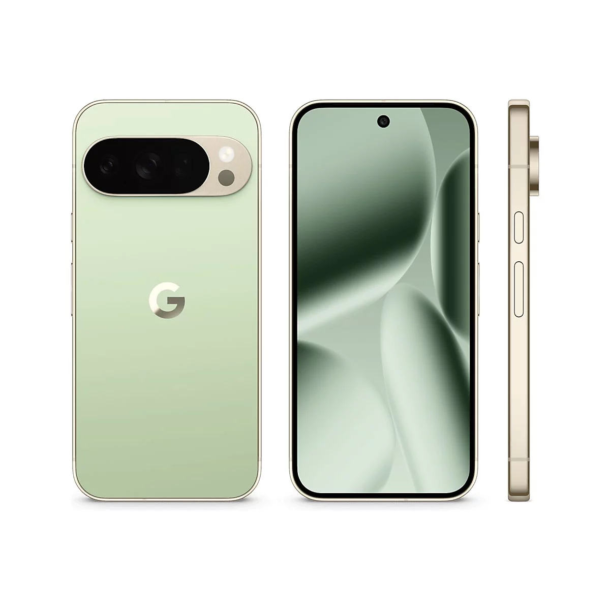 Hellgrünes Smartphone, Ansichten von Vorder-, Rück- und Seitenansicht. Rückseite mit Kamera-Modul, G-Logo. Goldfarbener Rahmen.