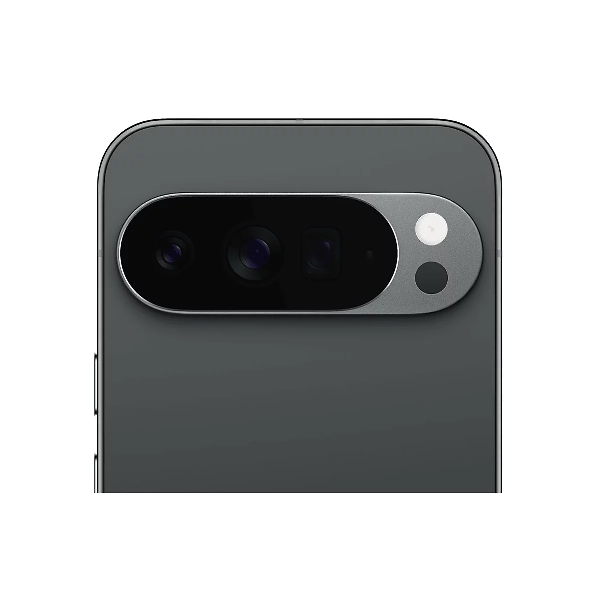 Nahaufnahme eines grauen Smartphones, Rückseite. Die Kamera-Einheit ist durch einen metallischen Streifen hervorgehoben und enthält mehrere Objektive und Blitze.