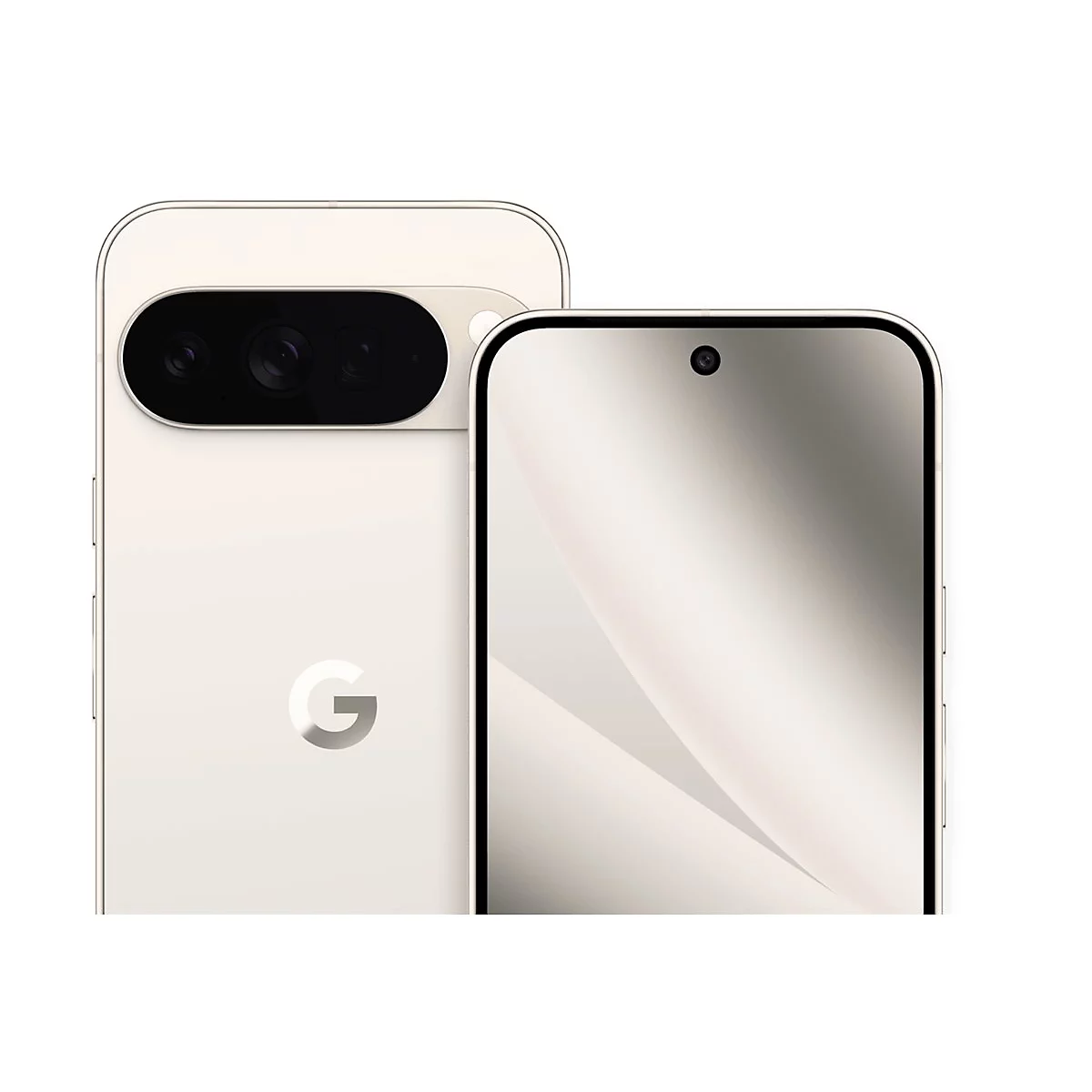 Zwei Handys in Creme-Weiß mit dem Google-Logo. Auf der Rückseite sind Kameraobjektive zu sehen, das Display ist hellgrau.