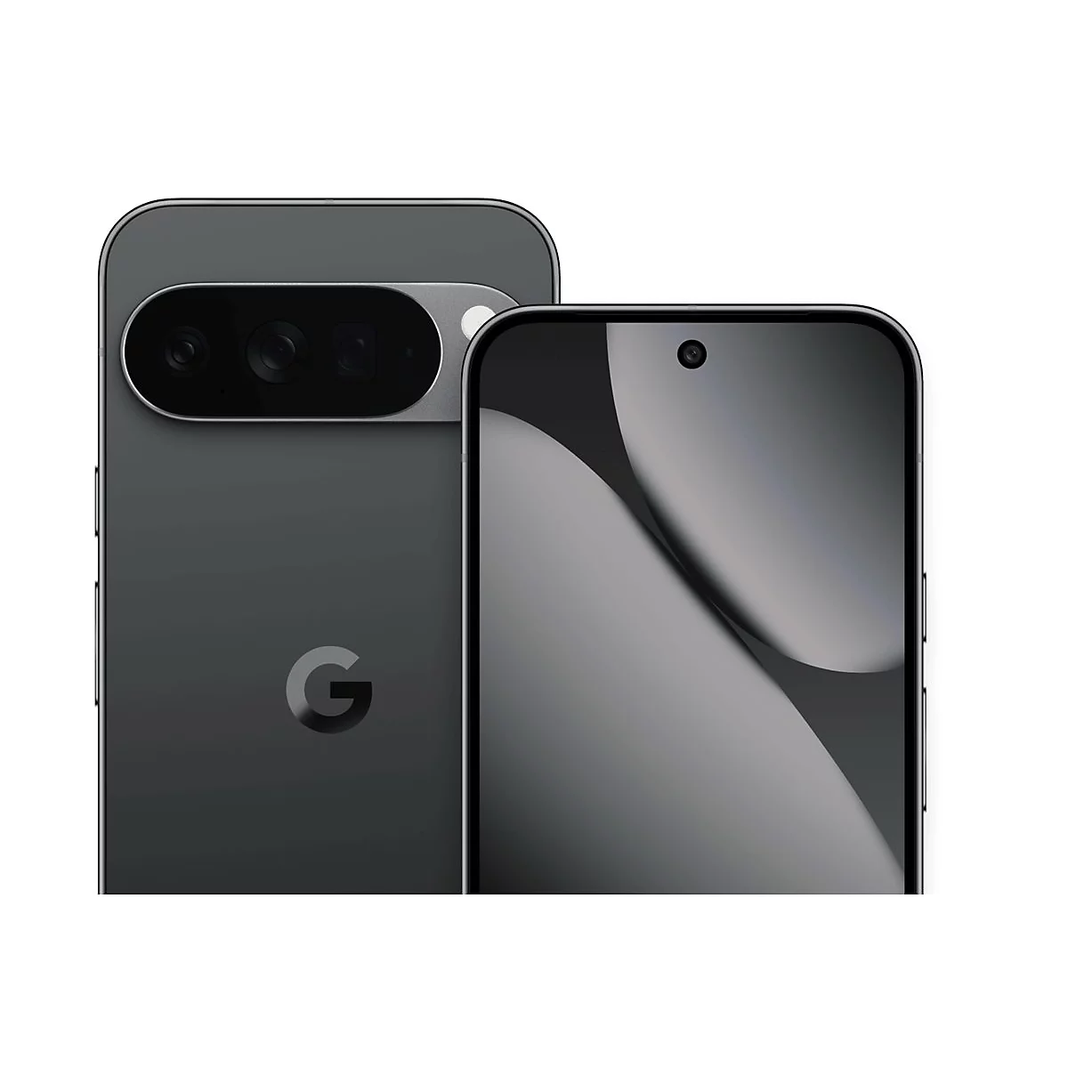 Zwei graue Smartphones vor weißem Hintergrund. Das eine zeigt die Rückseite mit Kameramodul, das andere die Vorderseite.