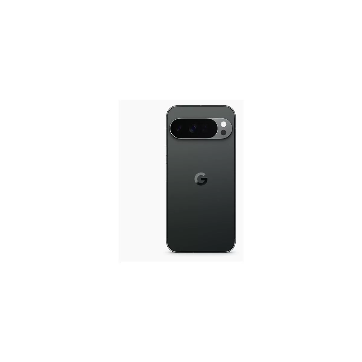 Dunkelgraues Smartphone mit silberner Kameraleiste und Google-Logo.