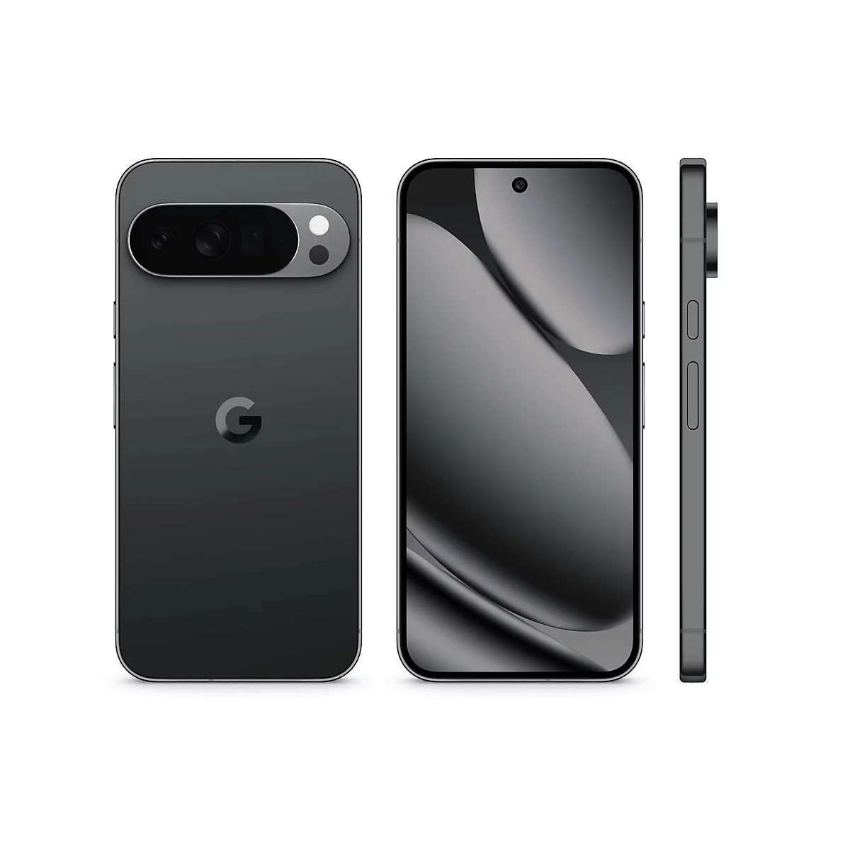 Draufsicht auf ein graues Smartphone, sowie die Vorder- und Seitenansicht. Auf der Rückseite ist das 'G' von Google.