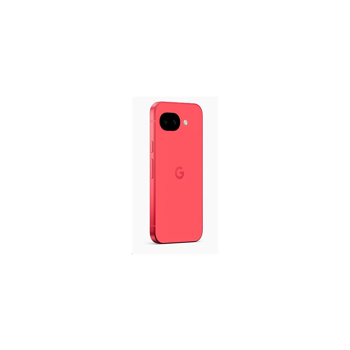 Rotes Smartphone mit Kamera und Google-Logo auf weißem Hintergrund.