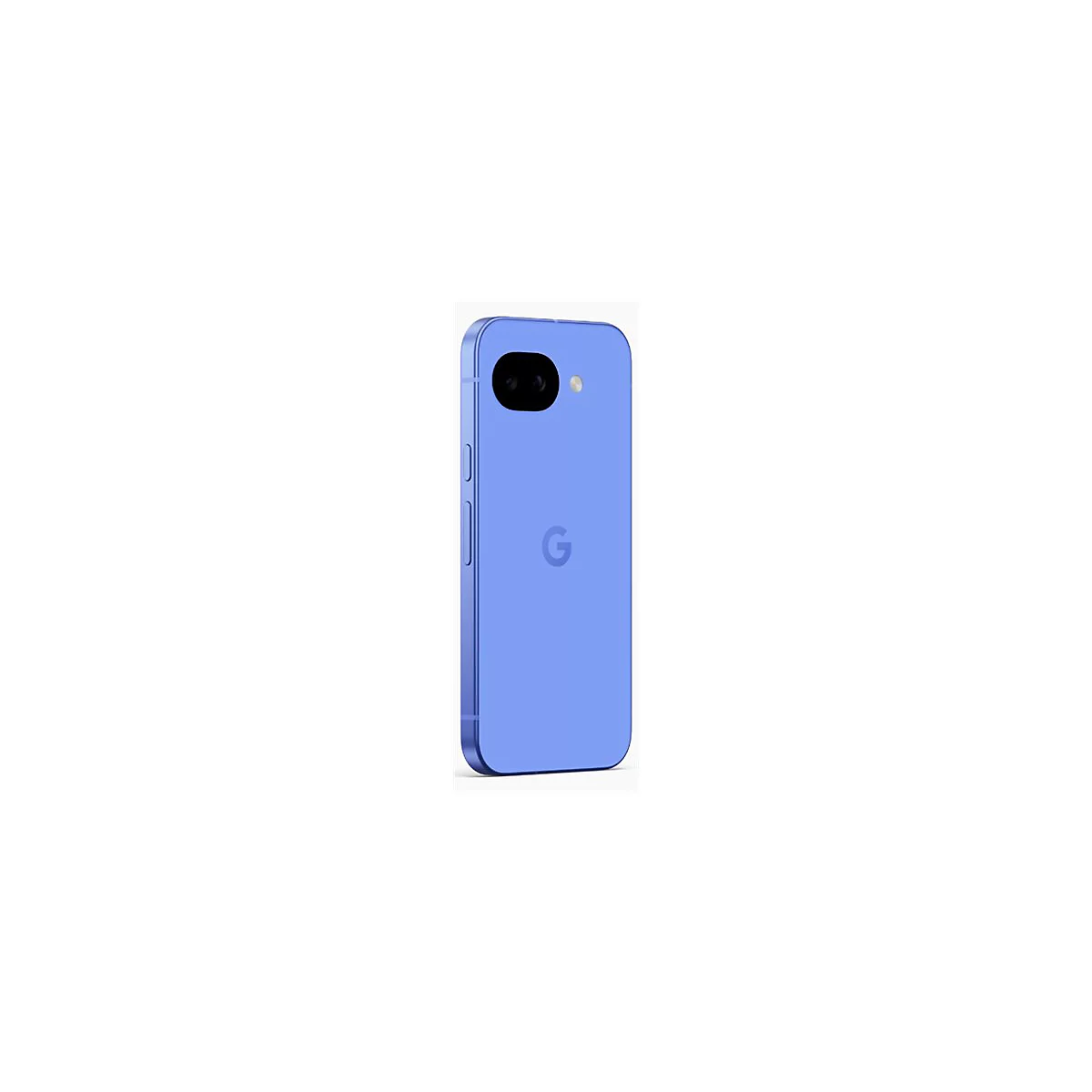 Blaues Smartphone auf weißem Hintergrund. Auf der Rückseite sind Kamera und Google-Logo zu sehen.