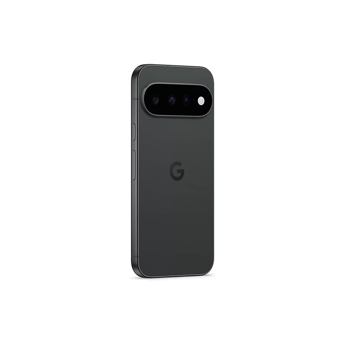 Rückseite eines schwarzen Google Pixel Smartphones mit horizontaler Kamera-Leiste auf weißem Hintergrund.