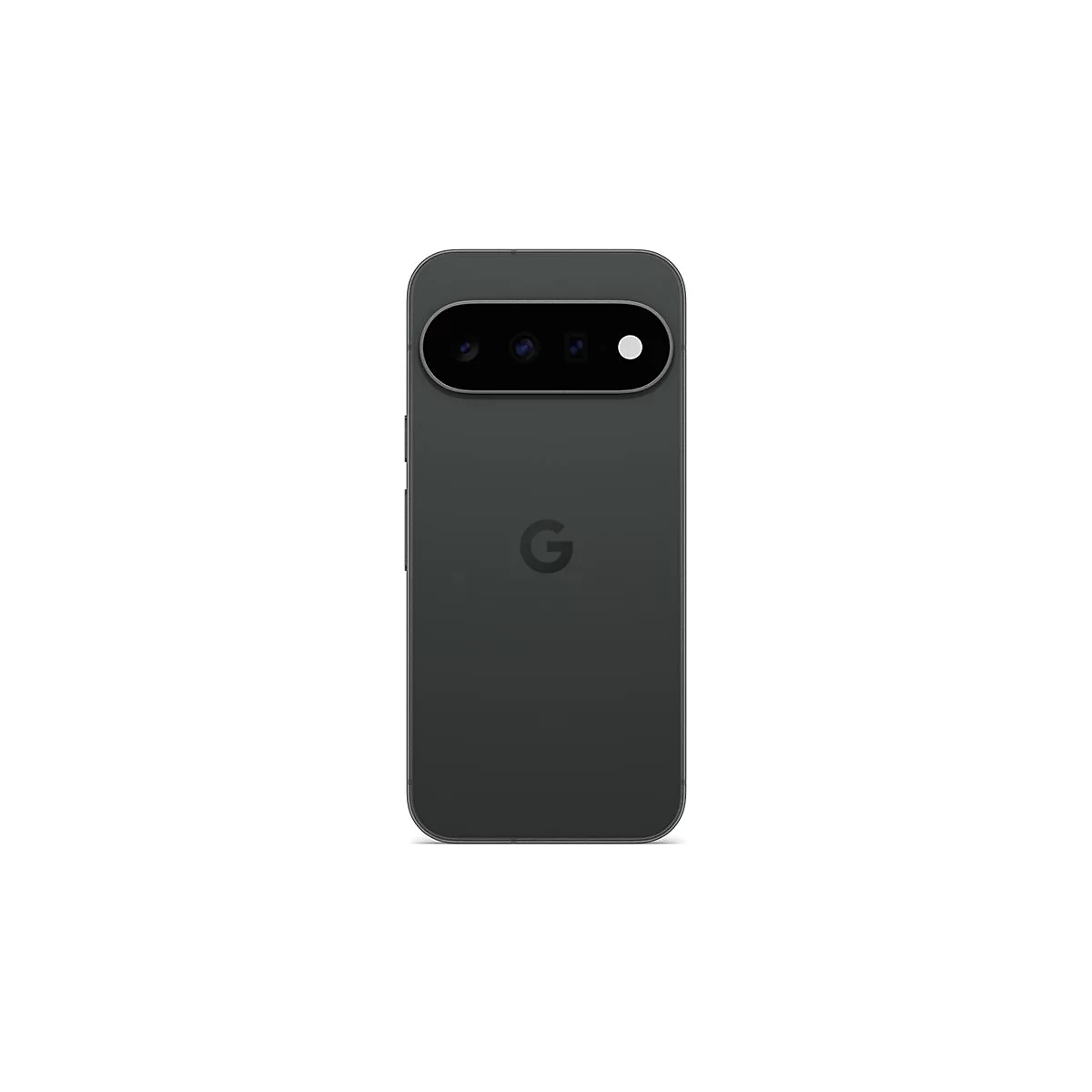Rückseite eines schwarzen Google Pixel Smartphones mit horizontalem Kameramodul vor weißem Hintergrund.