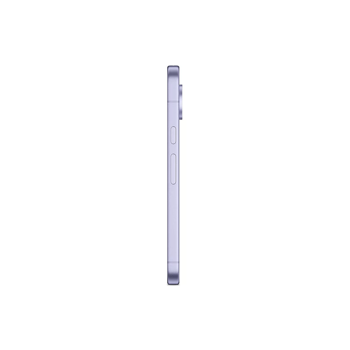 Seitliche Ansicht eines fliederfarbenen Smartphones auf weißem Hintergrund.