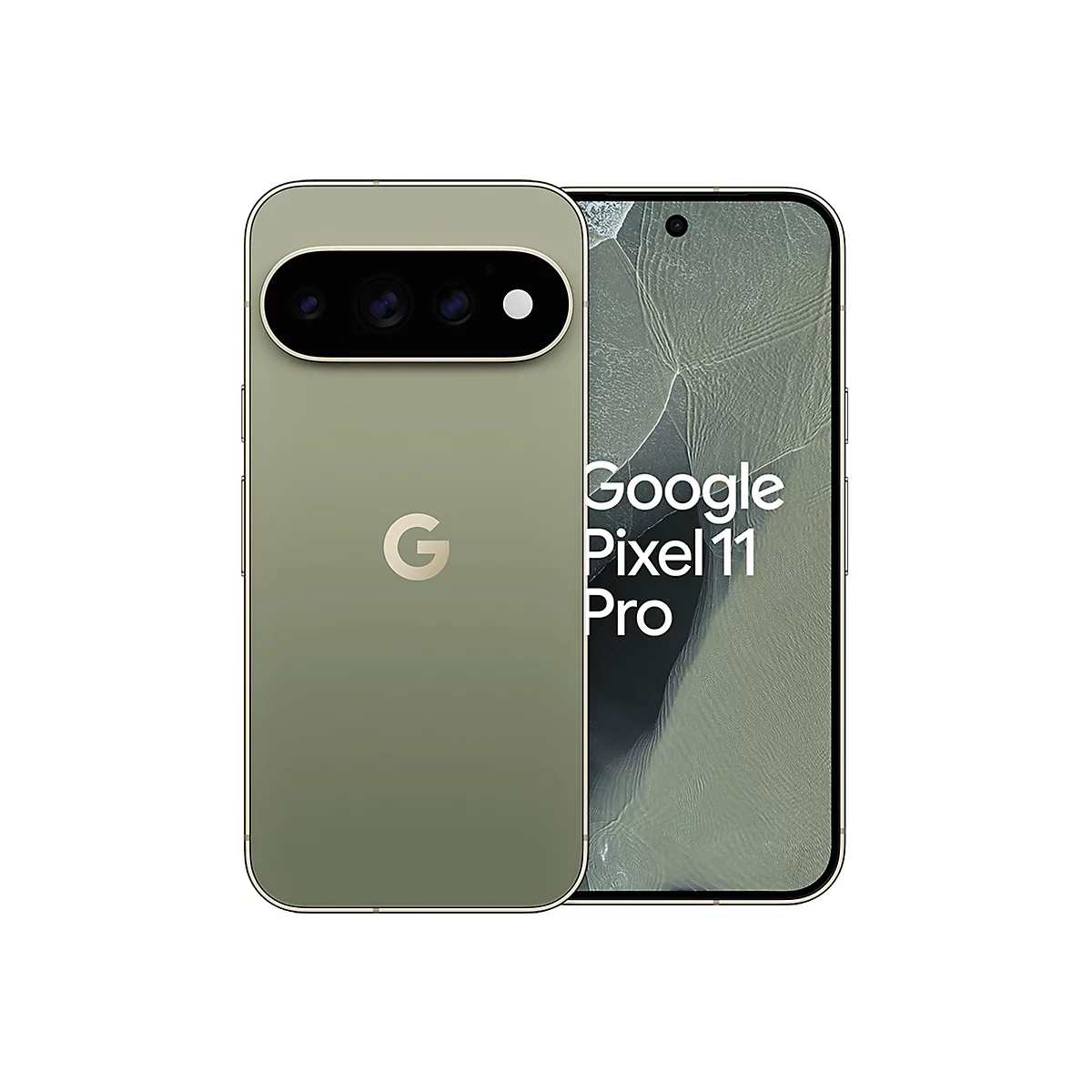 Olivenfarbenes Google Pixel 11 Pro Smartphone mit sichtbarer Rückseite und Display auf weißem Hintergrund.