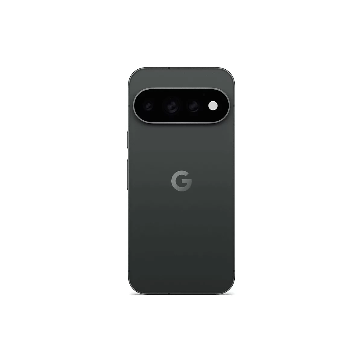 Dunkelgraues Google Pixel Smartphone von hinten mit markanter Kameraleiste und mittigem G-Logo.