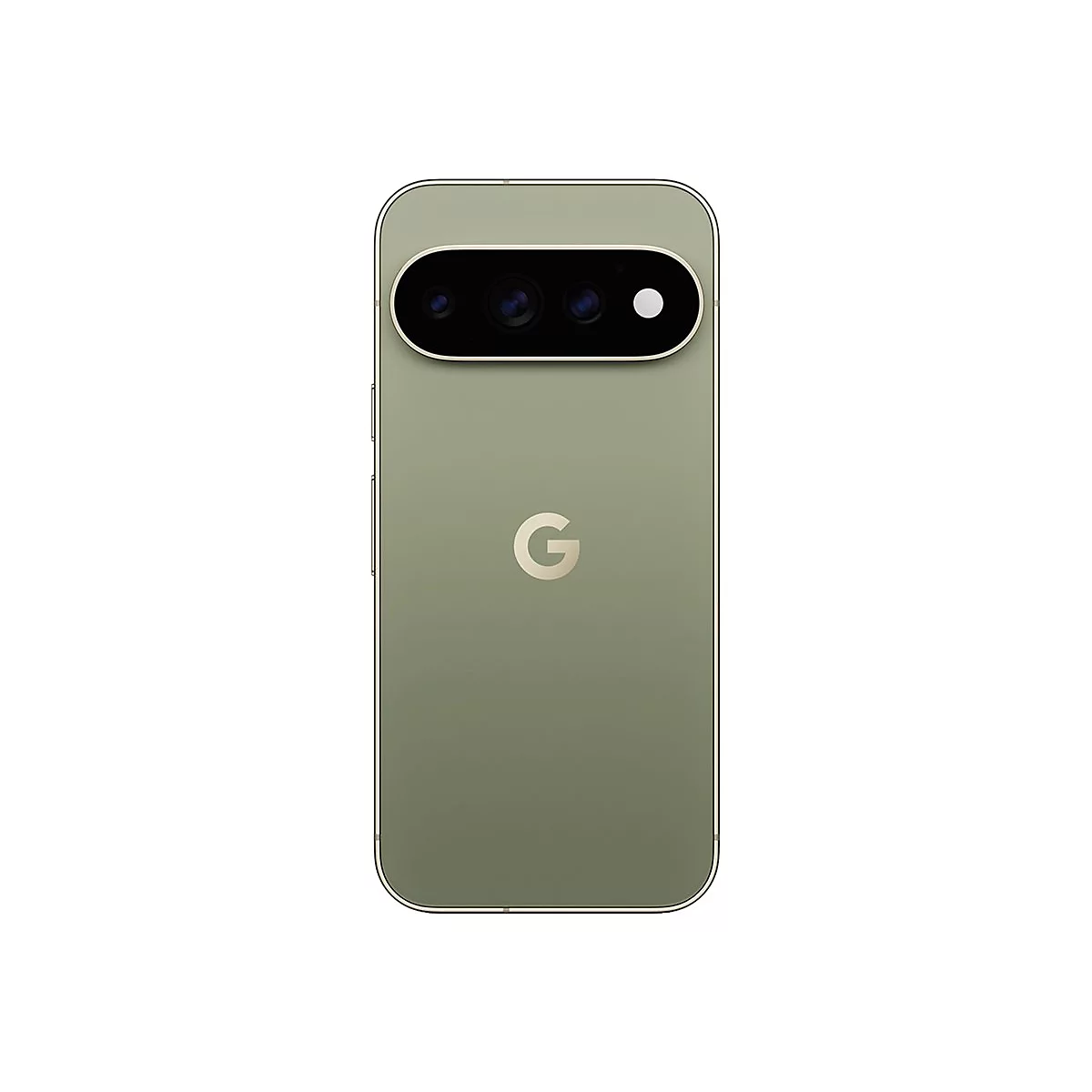 Rückseite eines oliven Google Pixel Smartphones mit hervorstehender Kameraeinheit und mittigem G-Logo.