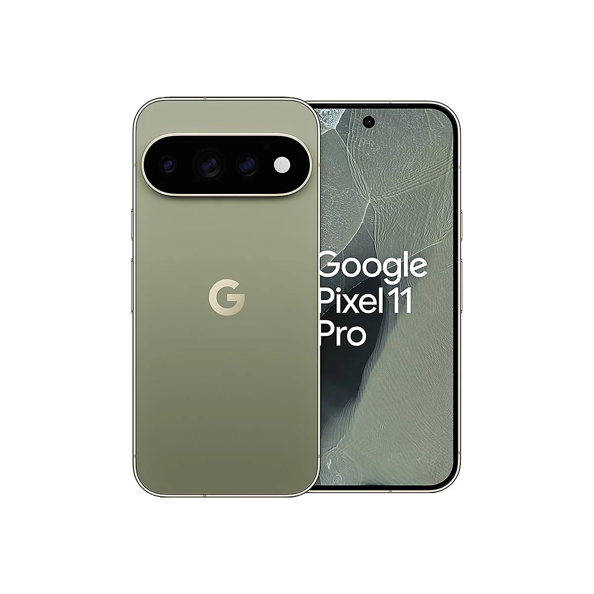 Google Pixel 11 Pro in Olivgrün, Vorder- und Rückseite vor weißem Hintergrund.