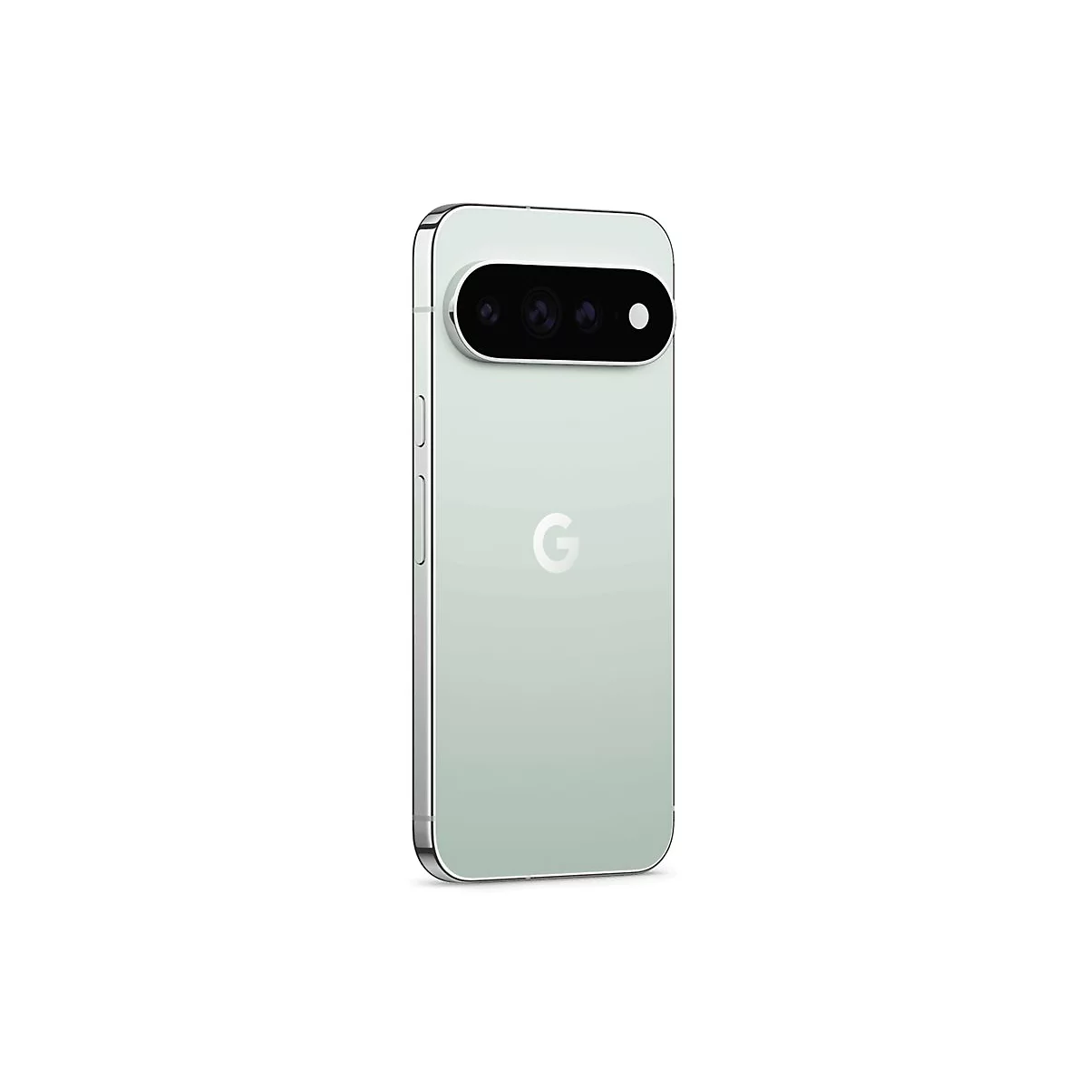 Helle mintgrüne Rückseite eines Google Pixel Smartphones mit Kameraleiste oben und mittigem G-Logo.