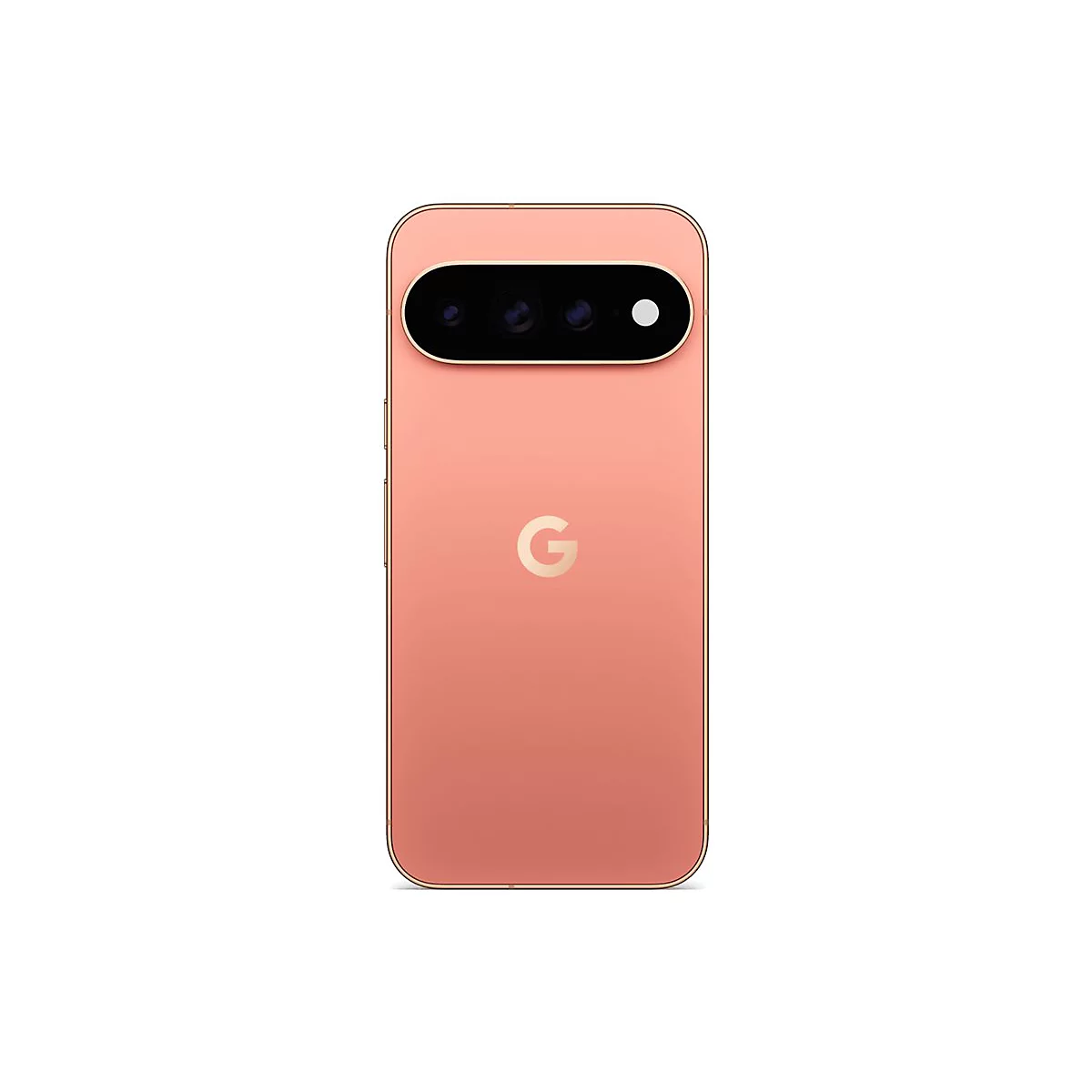 Rückseite eines rosafarbenen Google Pixel Smartphones mit Kameraleiste vor weißem Hintergrund.
