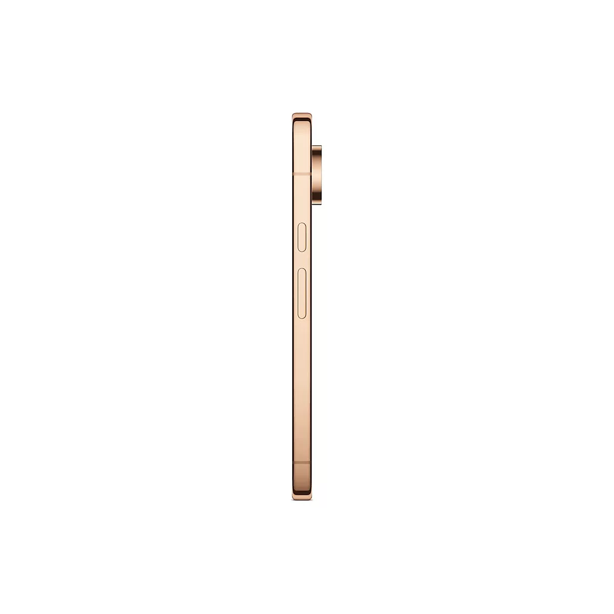 Seitenansicht eines roségoldenen Smartphones mit Kameramodul oben und zwei Tasten am Rahmen.