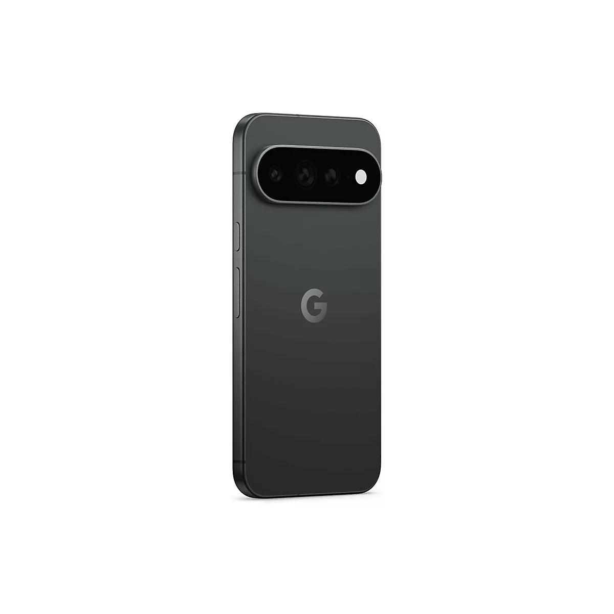 Rückseite eines schwarzen Google Pixel Smartphones mit horizontalem Kameramodul vor weißem Hintergrund.