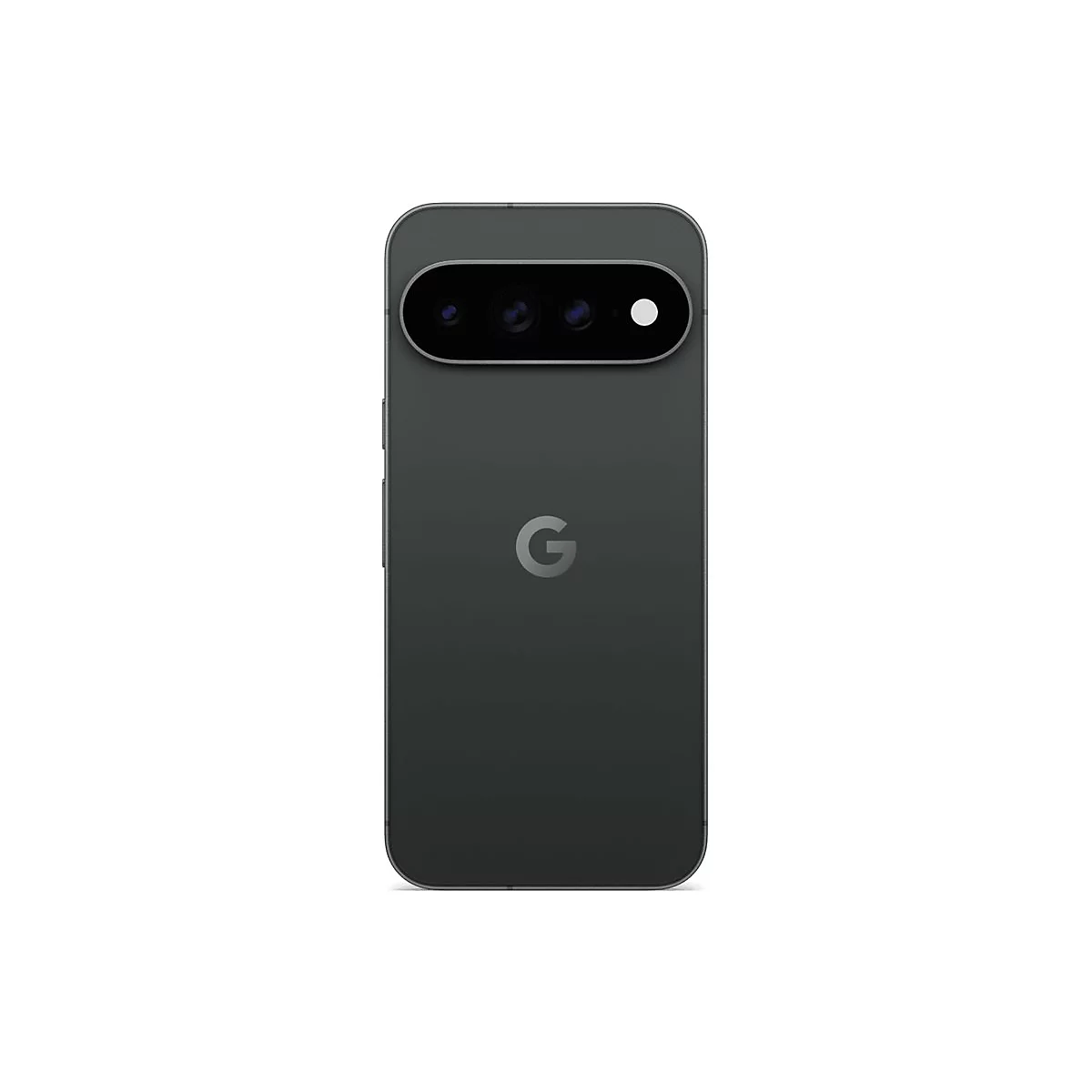 Rückseite eines dunkelgrauen Google Pixel Smartphones mit horizontaler Kamera-Leiste und zentralem G-Logo.
