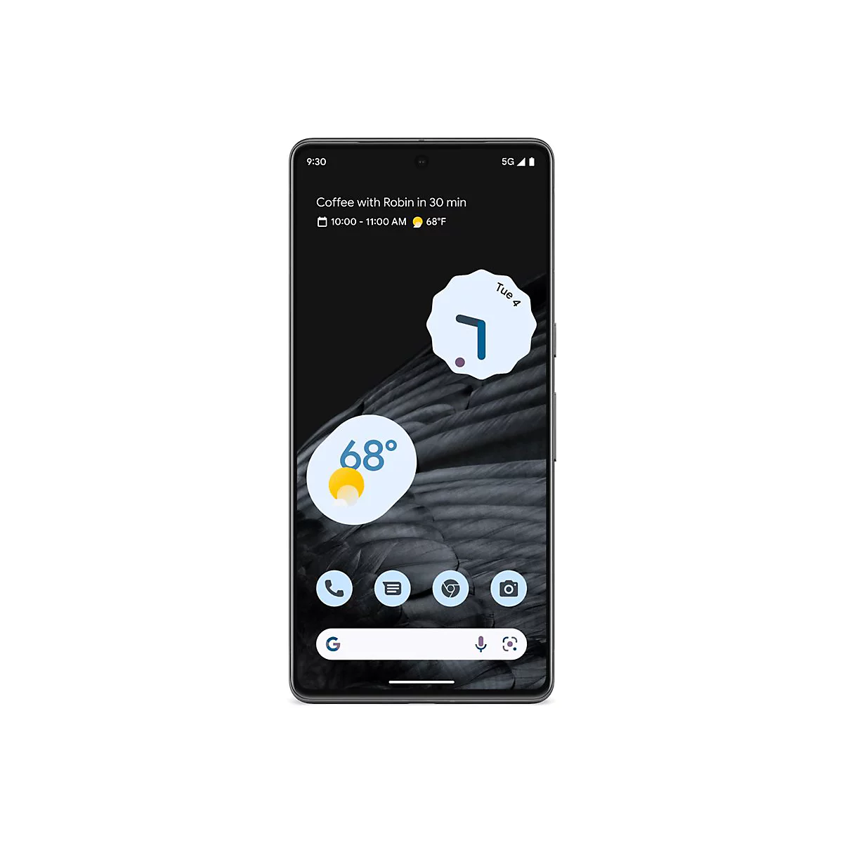 Smartphone mit Android-Benutzeroberfläche zeigt Kalender, Wetter, Uhrzeit und App-Icons auf schwarzem Hintergrund.