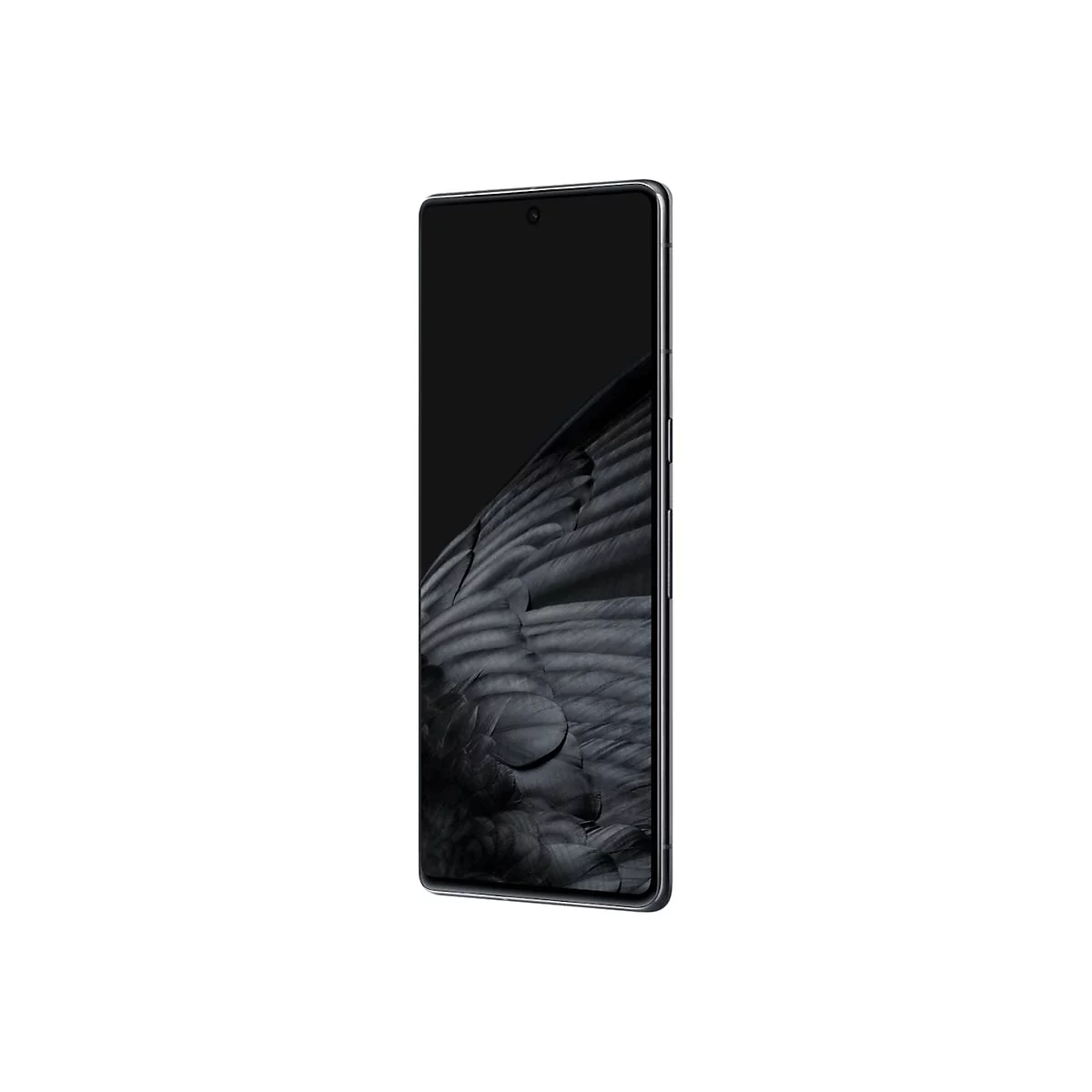 Schwarzes Smartphone mit dunklem, gefiedertem Bildschirmhintergrund in seitlicher Ansicht.