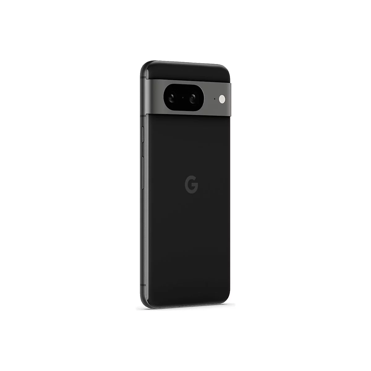 Schwarzes Smartphone, die Rückseite zeigt eine Dual-Kamera, das Google G Logo und seitliche Knöpfe.