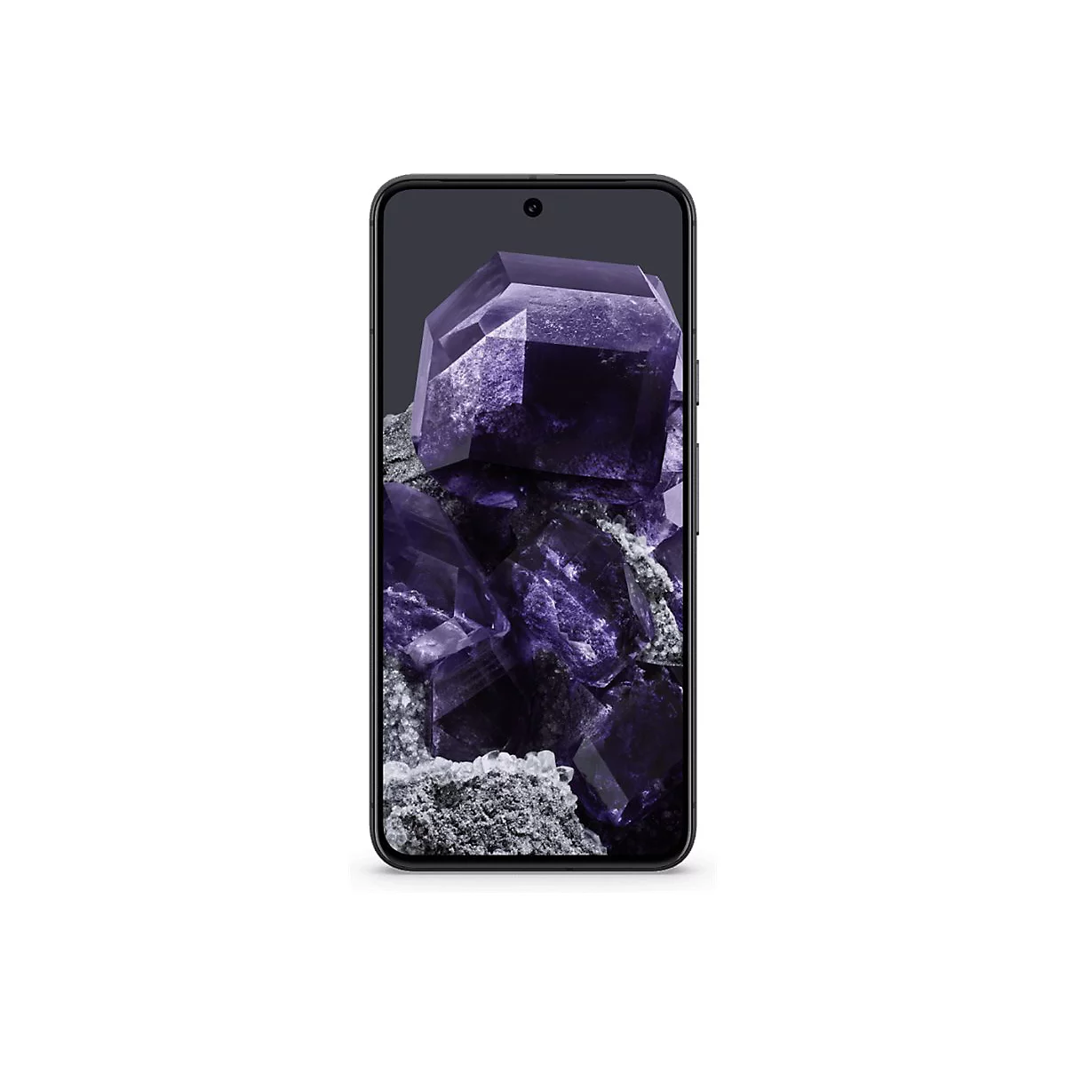 Smartphone, Display mit violetten Kristallen. Schwarzer Rahmen, abgerundete Ecken, Frontkamera.
