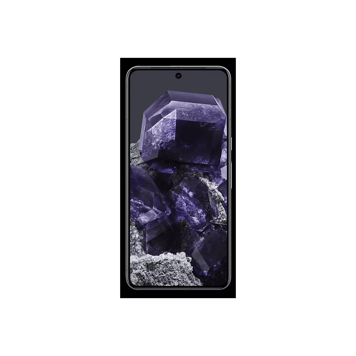 Smartphone zeigt lilafarbene Kristallformationen auf dem Display.