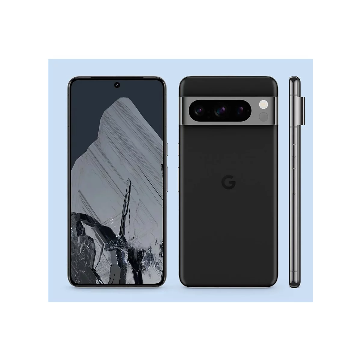 Drei Ansichten eines schwarzen Smartphones: Vorder-, Rück- und Seitenansicht. Das Display zeigt ein abstraktes Muster.