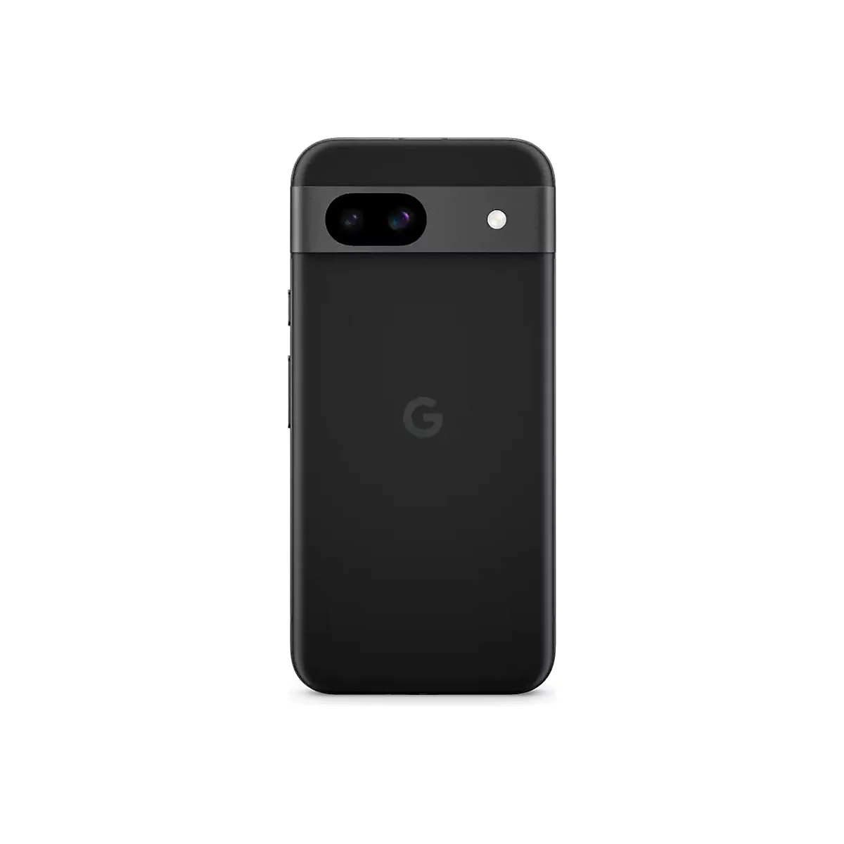 Ein schwarzes Google-Handy, Rückseite. Obere Hälfte: Doppelkamera, Blitz, grauer Streifen. Unterhalb: Google-Logo.