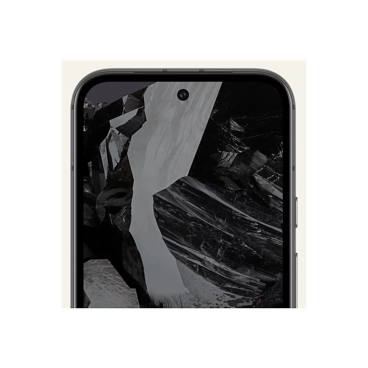 Nahaufnahme eines schwarzen Smartphones mit einem Bildschirm, der ein abstraktes Schwarz-Weiß-Muster zeigt, sowie die Frontkamera.