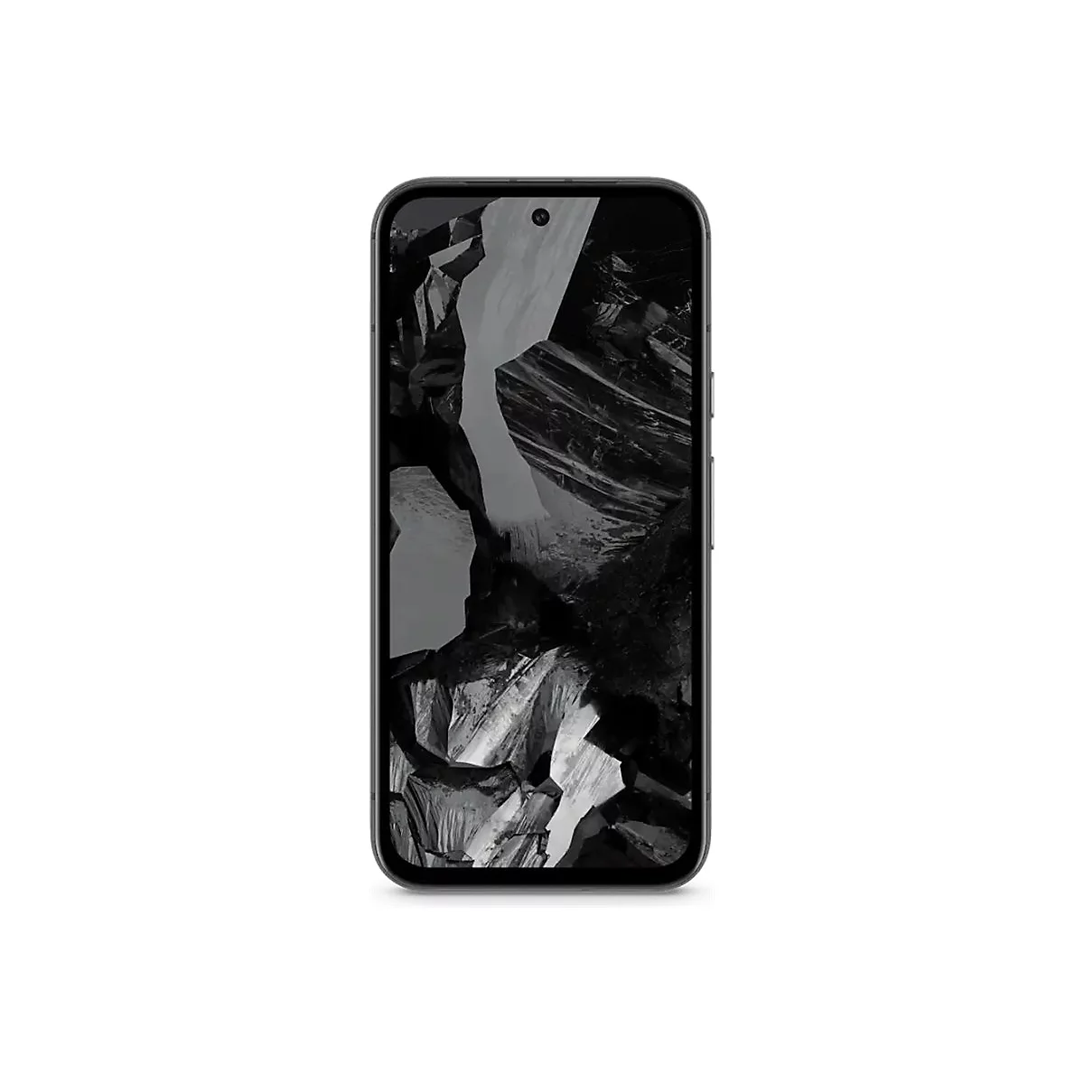 Smartphone, graues Gehäuse, zeigt eine Schwarz-Weiß-Landschaft. Kamerabohrung oben. Abgerundete Ecken.