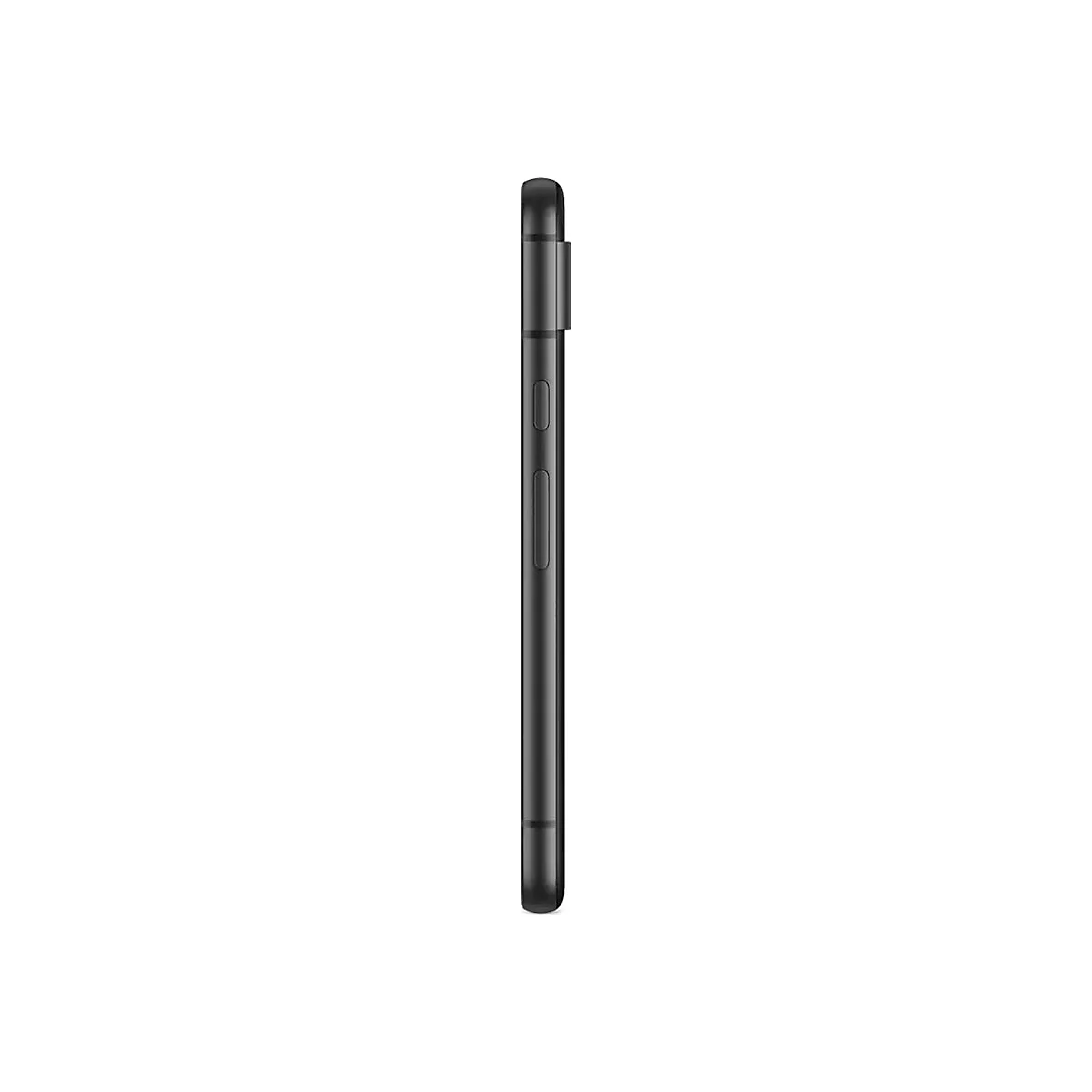 Schwarzes Smartphone im Profil, mit sichtbaren Knöpfen und Anschlüssen.