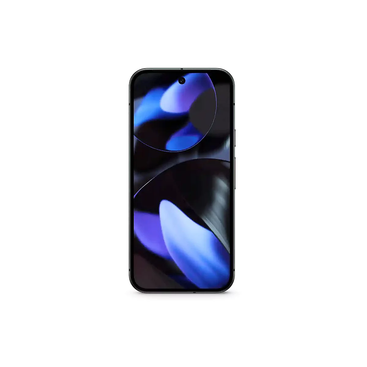Schwarzes Smartphone mit einem blauen, abstrakten Hintergrund, vor weißem Hintergrund.