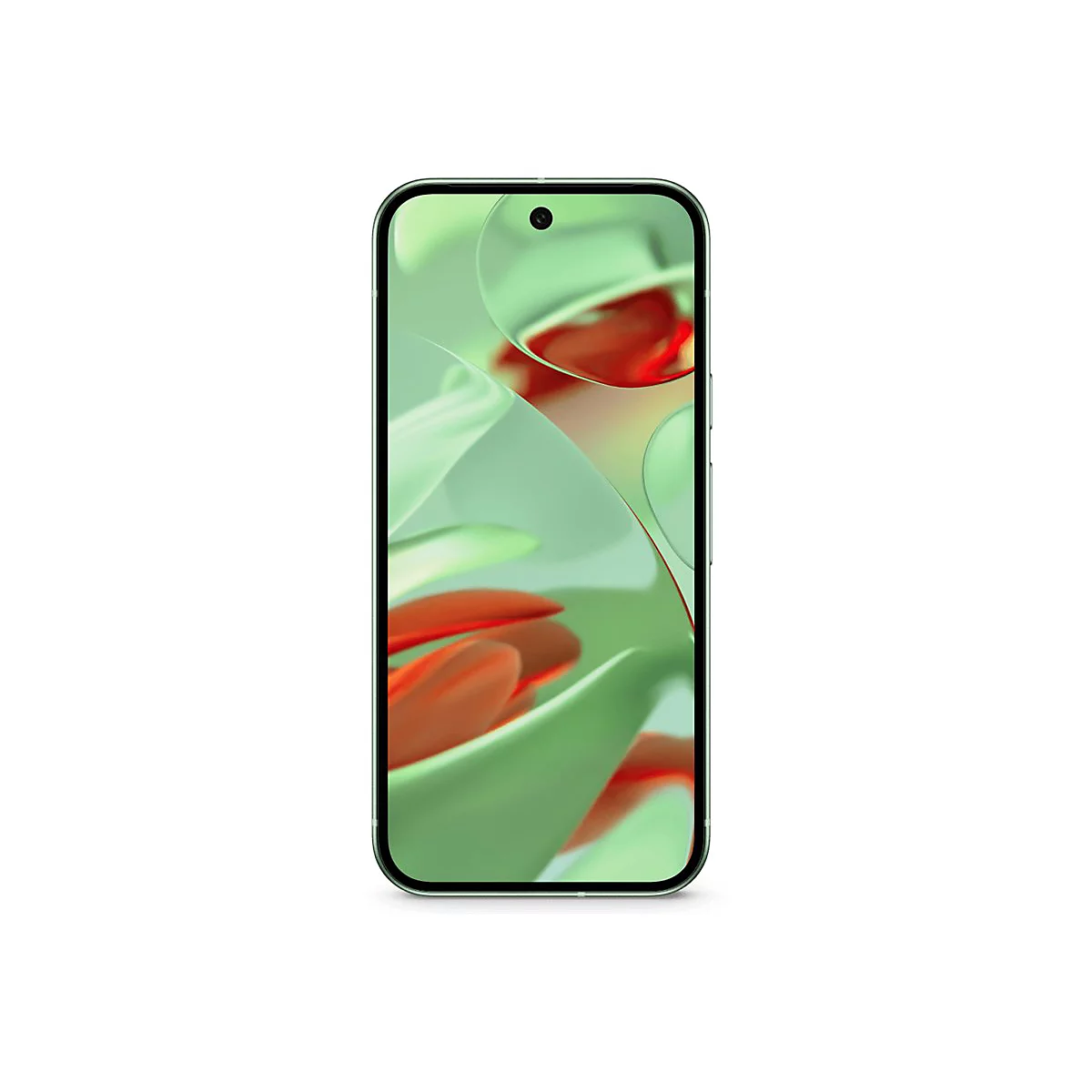 Smartphone, grün, mit Display, auf dem eine abstrakte, grüne und rote Grafik zu sehen ist.